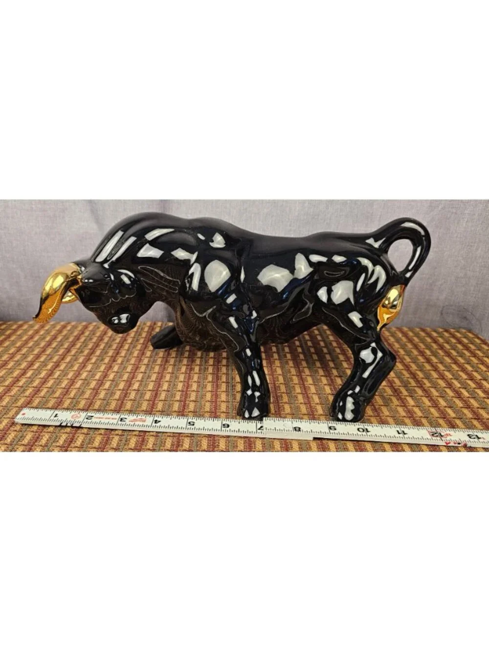Glossy Black Ceramic Bull Figurine With Gold Horns & Accents - 6